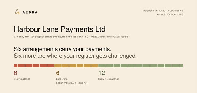 The top of page one of the sample Snapshot: Harbour Lane Payments Ltd, 24 supplier arrangements; six likely material, six borderline, twelve likely not material.